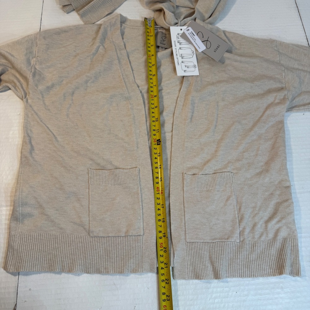 Sioni Womens Cardigan sz M Open Front Pockets Beige Scarf Styling Options light - Picture 7 of 16